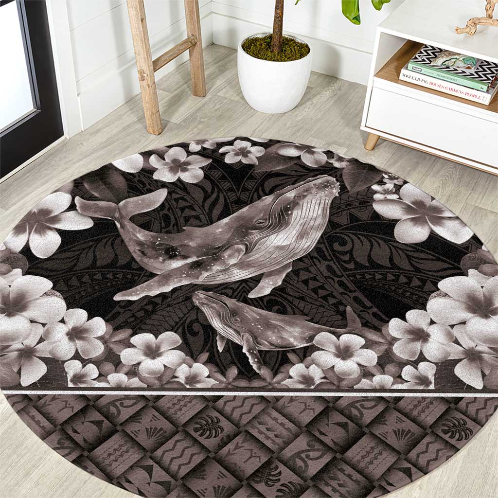Hawaiian Plumeria and Humpback Whales Round Carpet Polynerian Art Tattoo-Grayscale Mode