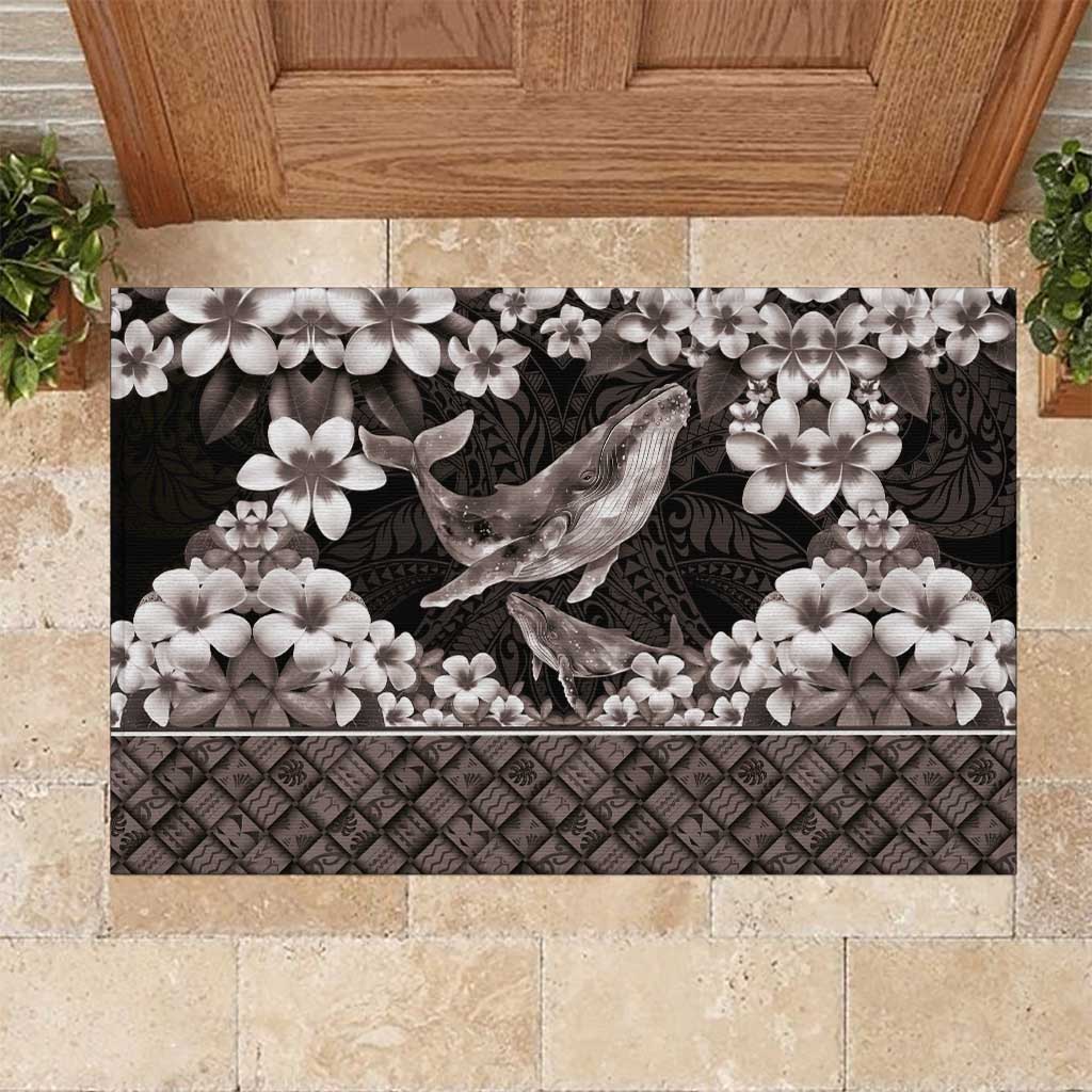 Hawaiian Plumeria and Humpback Whales Rubber Doormat Polynerian Art Tattoo-Grayscale Mode