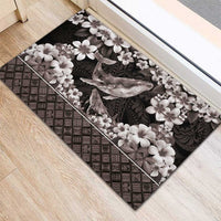Hawaiian Plumeria and Humpback Whales Rubber Doormat Polynerian Art Tattoo-Grayscale Mode