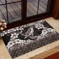 Hawaiian Plumeria and Humpback Whales Rubber Doormat Polynerian Art Tattoo-Grayscale Mode