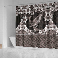 Hawaiian Plumeria and Humpback Whales Shower Curtain Polynerian Art Tattoo-Grayscale Mode