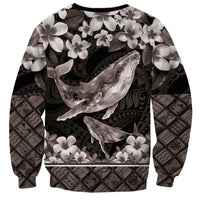 Hawaiian Plumeria and Humpback Whales Sweatshirt Polynerian Art Tattoo-Grayscale Mode