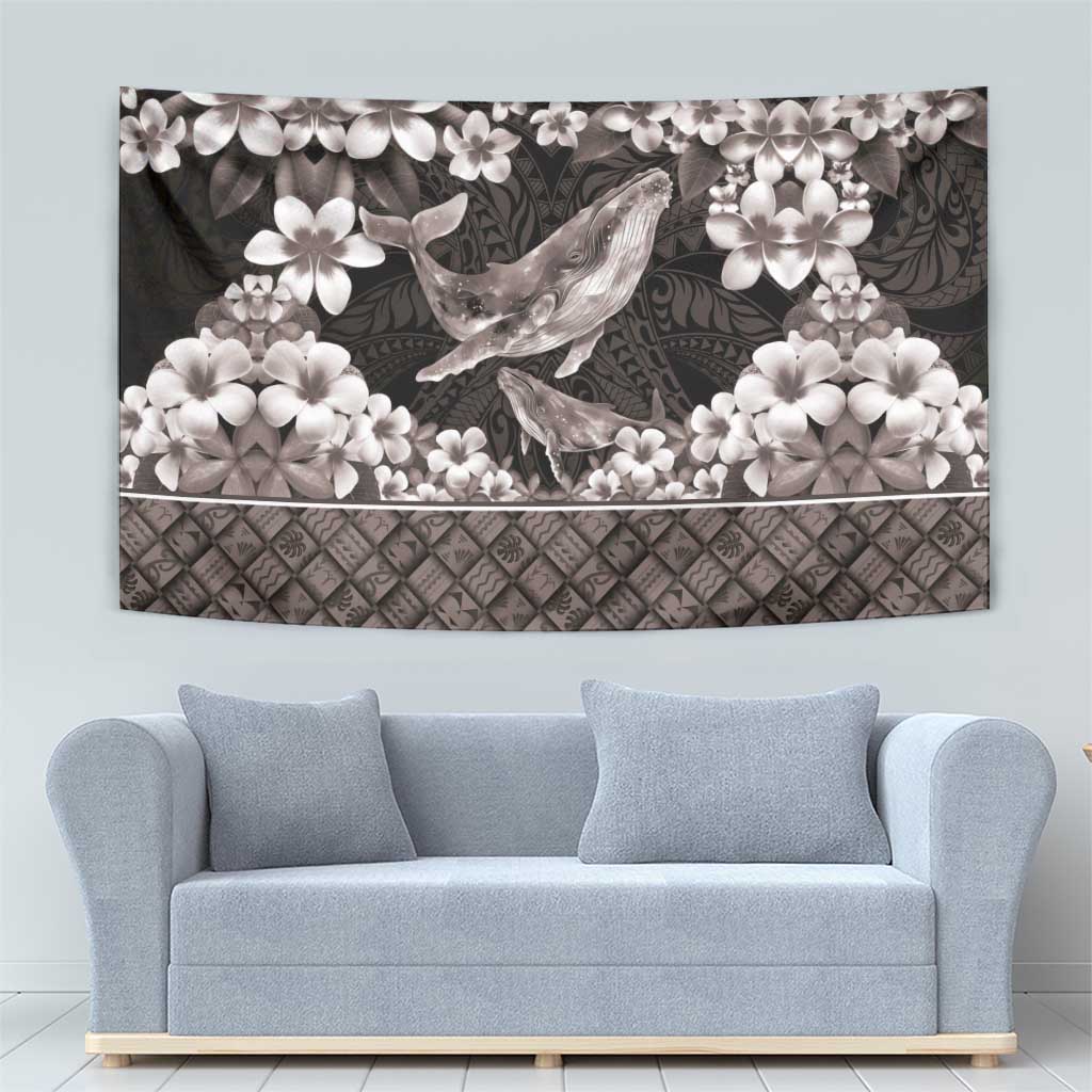 Hawaiian Plumeria and Humpback Whales Tapestry Polynerian Art Tattoo-Grayscale Mode