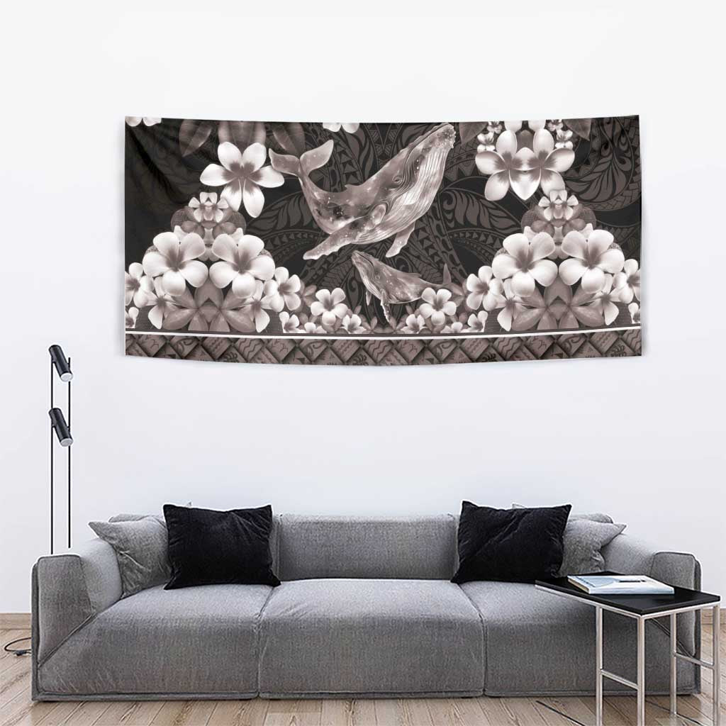 Hawaiian Plumeria and Humpback Whales Tapestry Polynerian Art Tattoo-Grayscale Mode
