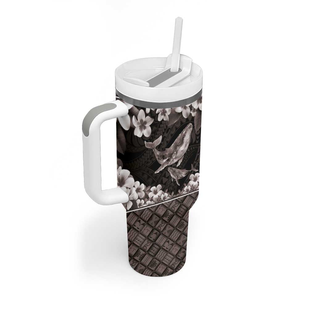 Hawaiian Plumeria and Humpback Whales Tumbler With Handle Polynerian Art Tattoo-Grayscale Mode
