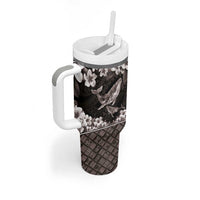 Hawaiian Plumeria and Humpback Whales Tumbler With Handle Polynerian Art Tattoo-Grayscale Mode