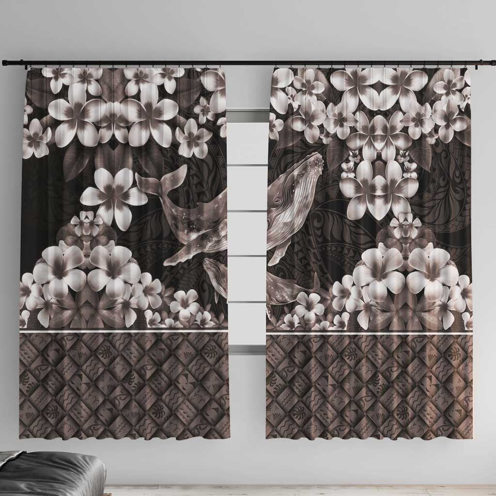 Hawaiian Plumeria and Humpback Whales Window Curtain Polynerian Art Tattoo-Grayscale Mode