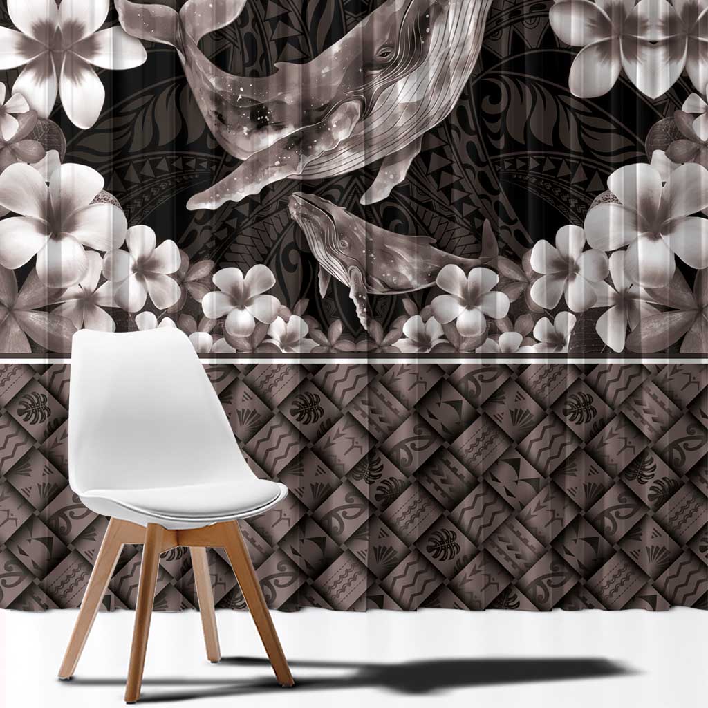 Hawaiian Plumeria and Humpback Whales Window Curtain Polynerian Art Tattoo-Grayscale Mode