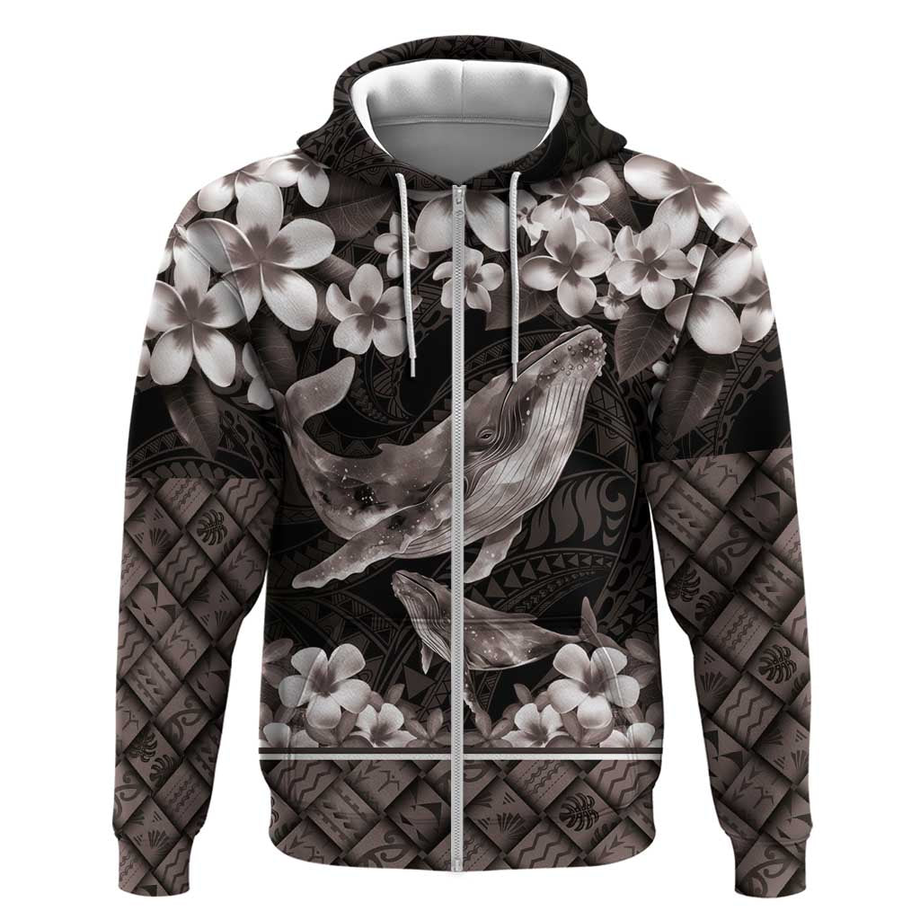 Hawaiian Plumeria and Humpback Whales Zip Hoodie Polynerian Art Tattoo-Grayscale Mode