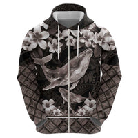 Hawaiian Plumeria and Humpback Whales Zip Hoodie Polynerian Art Tattoo-Grayscale Mode