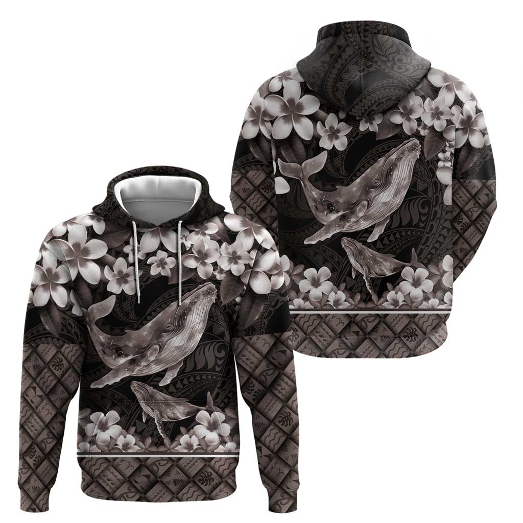 Hawaiian Plumeria and Humpback Whales Zip Hoodie Polynerian Art Tattoo-Grayscale Mode