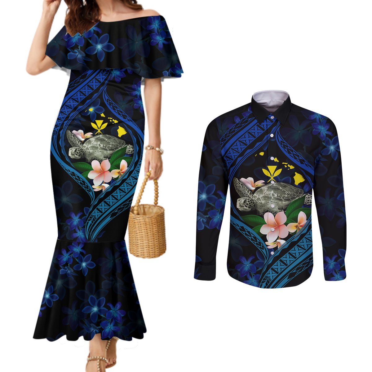Hawaii Turtle Plumeria Flower Fanciful Couples Matching Mermaid Dress and Long Sleeve Button Shirt