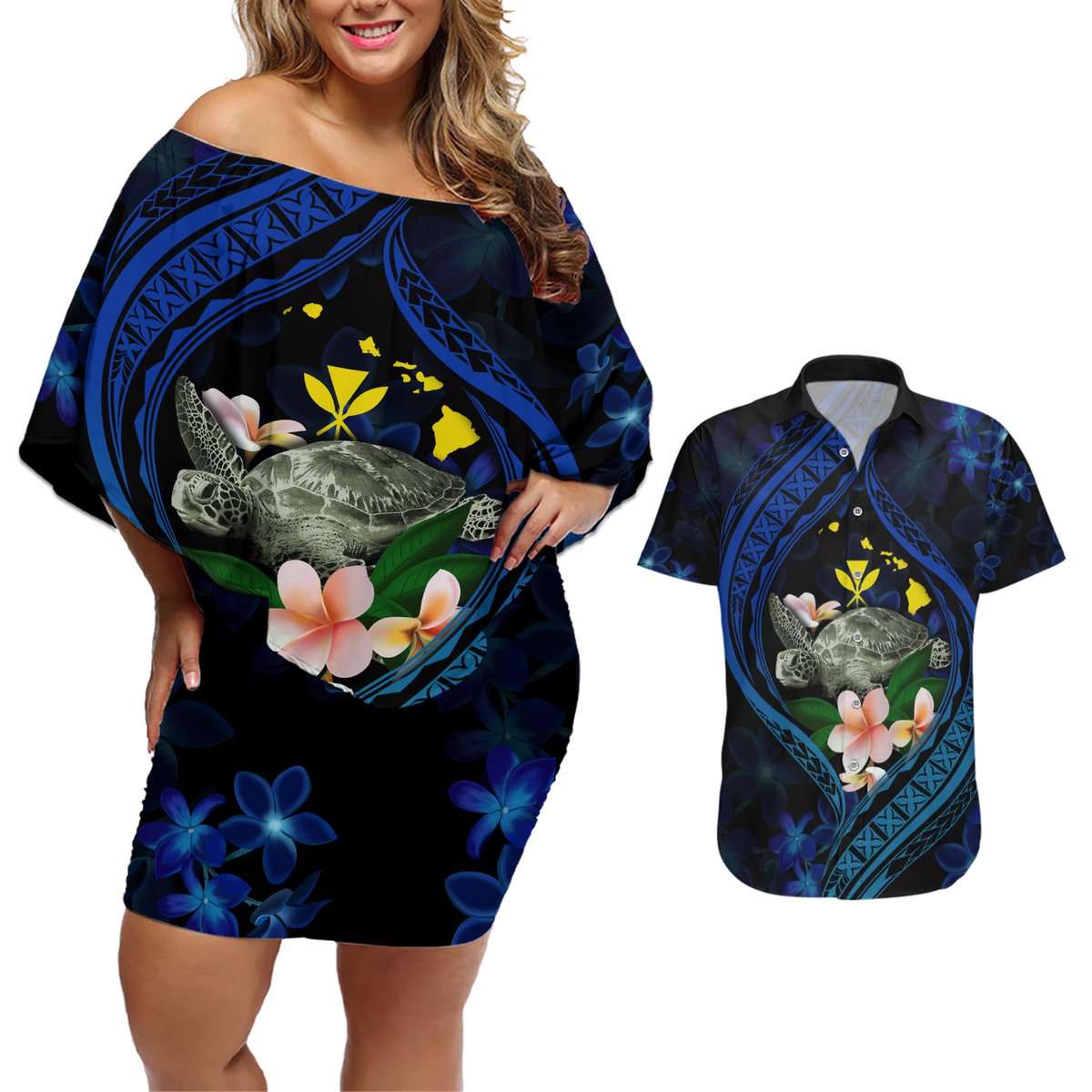 Hawaii Turtle Plumeria Flower Fanciful Couples Matching Off Shoulder Short Dress and Hawaiian Shirt