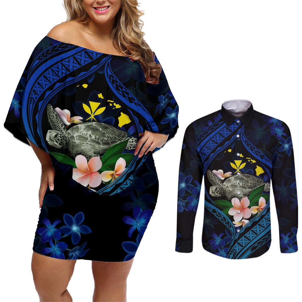 Hawaii Turtle Plumeria Flower Fanciful Couples Matching Off Shoulder Short Dress and Long Sleeve Button Shirt