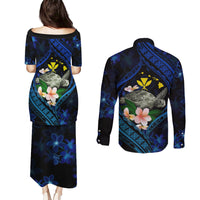 Hawaii Turtle Plumeria Flower Fanciful Couples Matching Puletasi and Long Sleeve Button Shirt