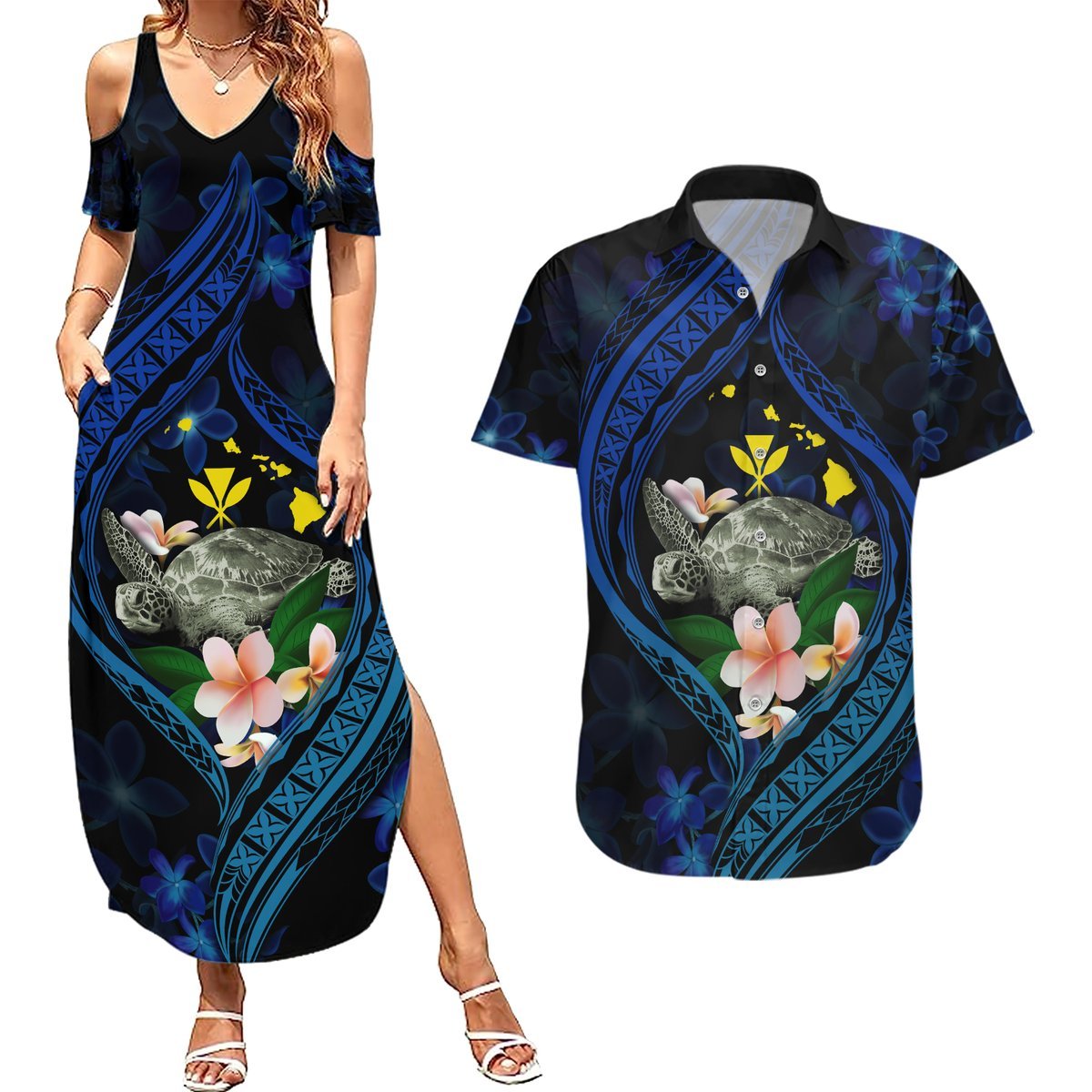 Hawaii Turtle Plumeria Flower Fanciful Couples Matching Summer Maxi Dress and Hawaiian Shirt LT03 Black - Polynesian Pride