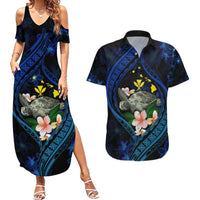 Hawaii Turtle Plumeria Flower Fanciful Couples Matching Summer Maxi Dress and Hawaiian Shirt LT03 Black - Polynesian Pride