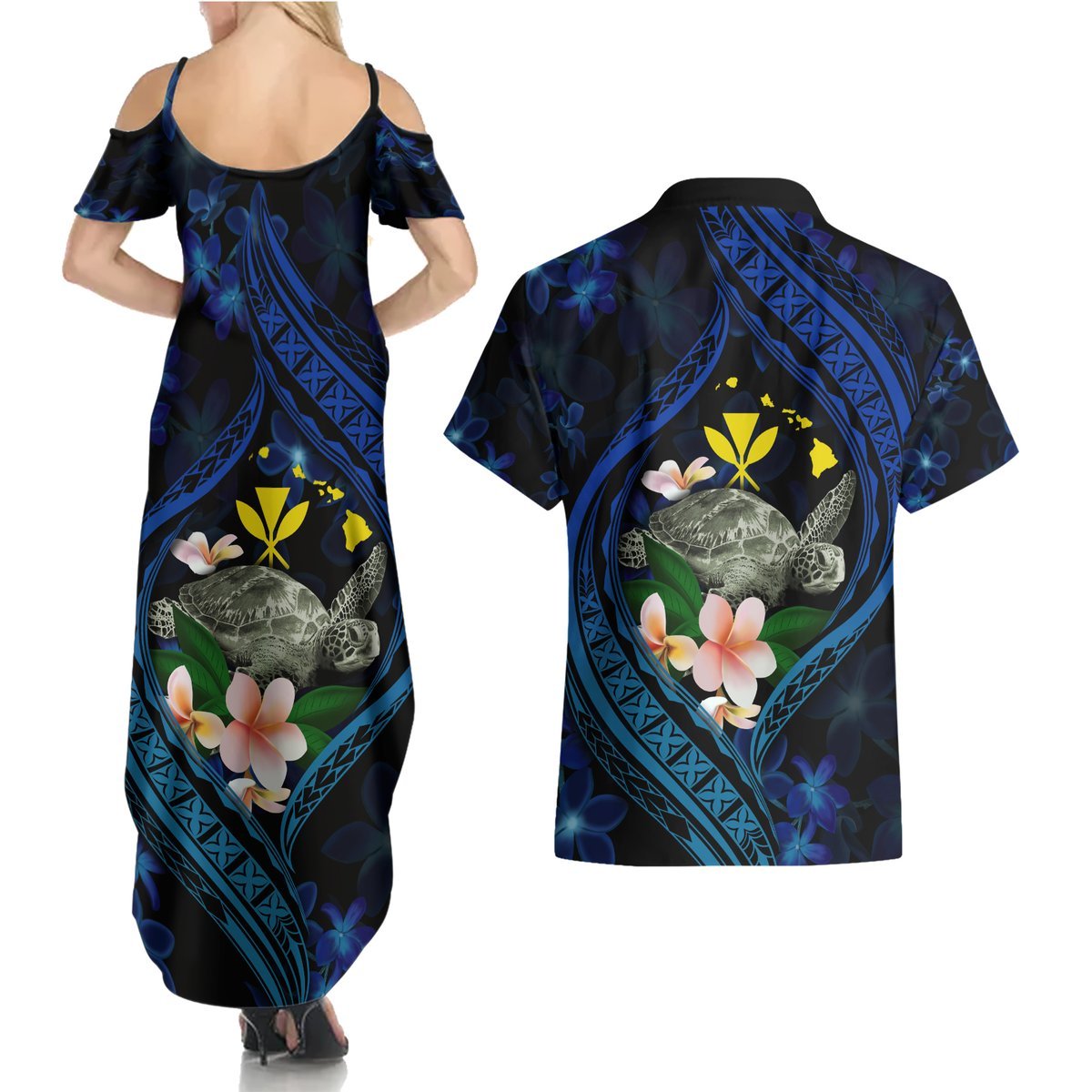 Hawaii Turtle Plumeria Flower Fanciful Couples Matching Summer Maxi Dress and Hawaiian Shirt LT03 - Polynesian Pride