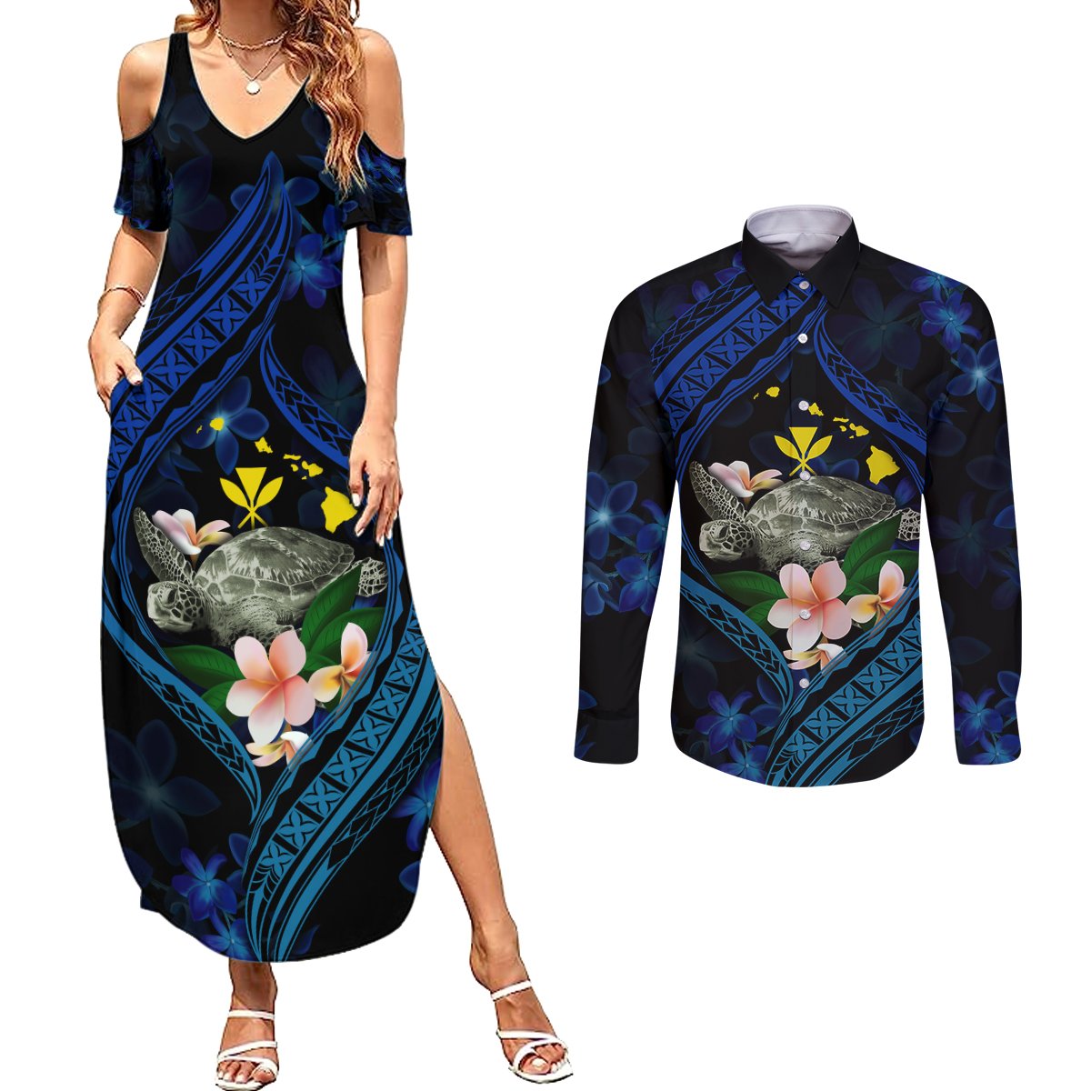 Hawaii Turtle Plumeria Flower Fanciful Couples Matching Summer Maxi Dress and Long Sleeve Button Shirt