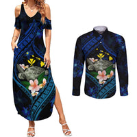 Hawaii Turtle Plumeria Flower Fanciful Couples Matching Summer Maxi Dress and Long Sleeve Button Shirt