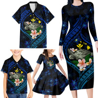 Hawaii Turtle Plumeria Flower Fanciful Family Matching Long Sleeve Bodycon Dress and Hawaiian Shirt