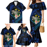 Hawaii Turtle Plumeria Flower Fanciful Family Matching Mermaid Dress and Hawaiian Shirt