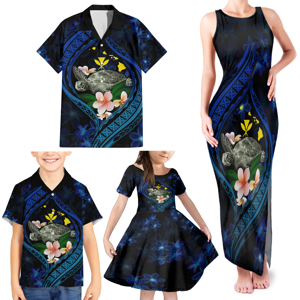 Hawaii Turtle Plumeria Flower Fanciful Family Matching Tank Maxi Dress and Hawaiian Shirt