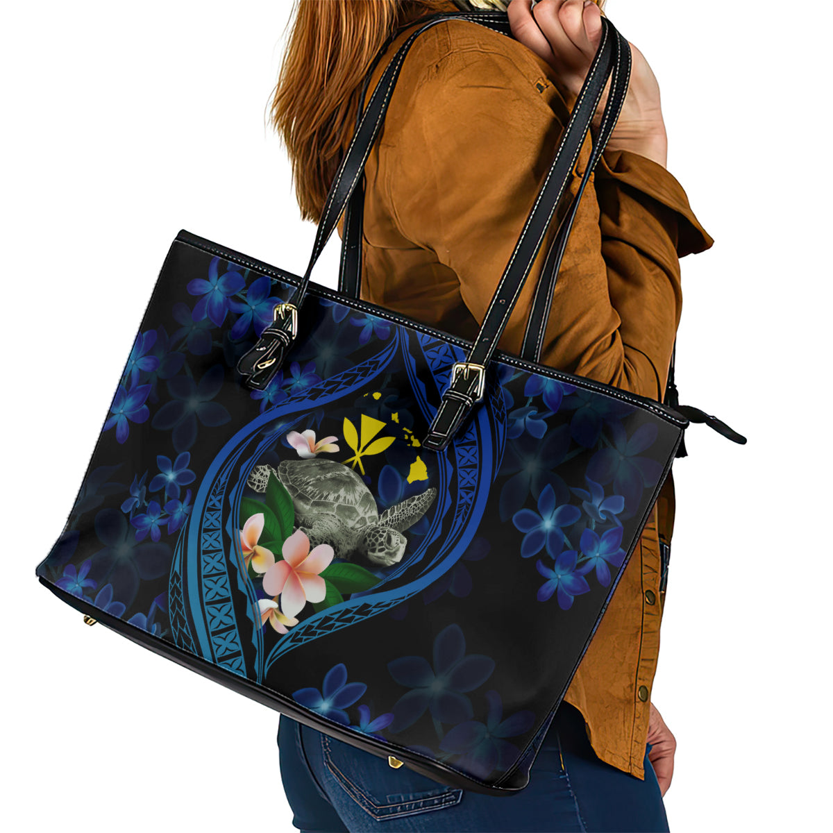 Hawaii Turtle Plumeria Flower Fanciful Leather Tote Bag