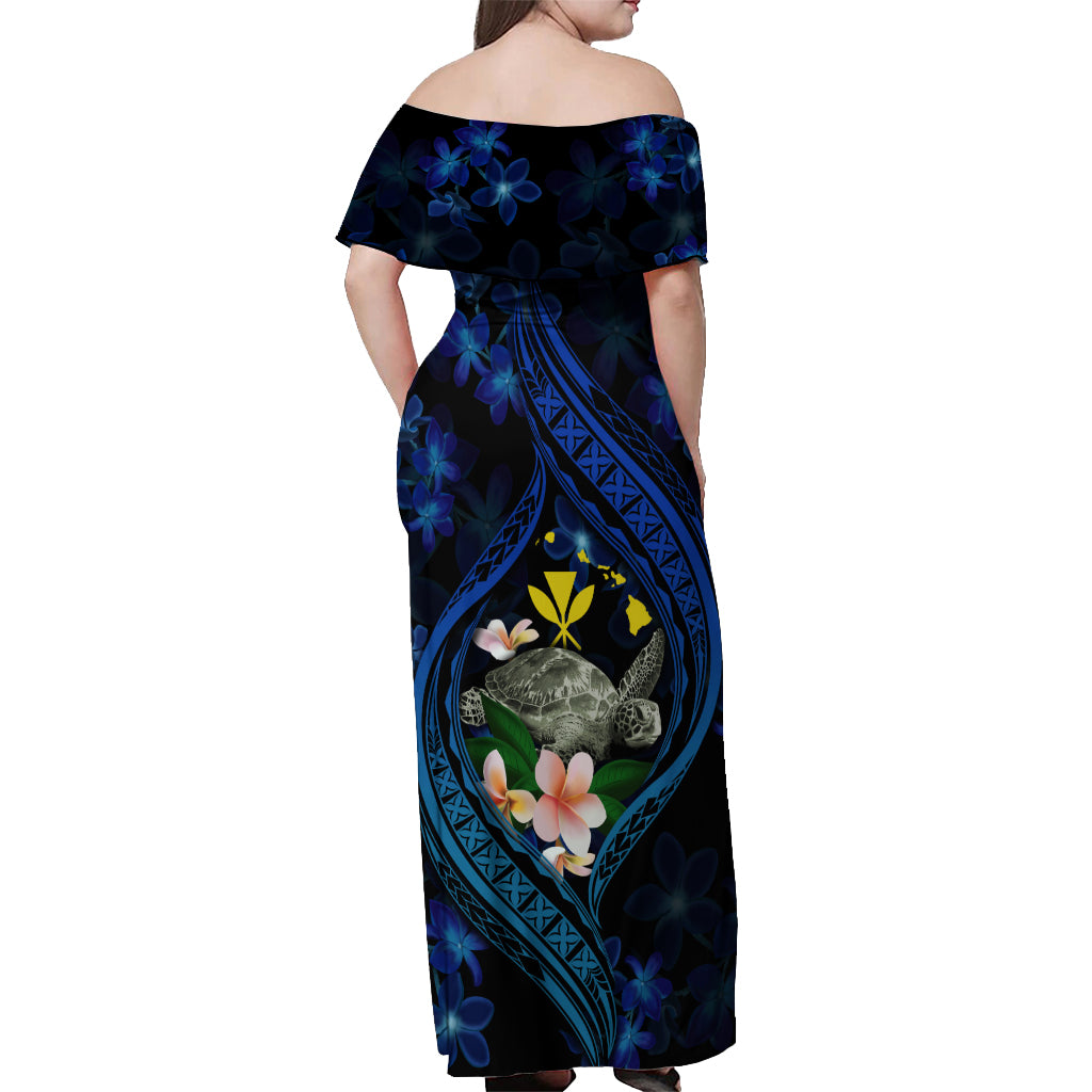 Hawaii Turtle Plumeria Flower Fanciful Off Shoulder Maxi Dress