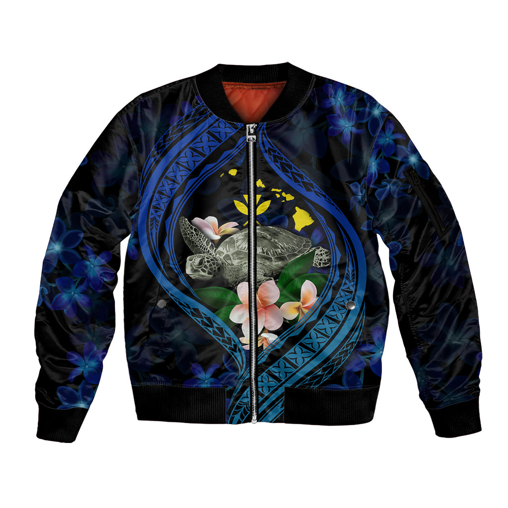 Hawaii Turtle Plumeria Flower Fanciful Sleeve Zip Bomber Jacket