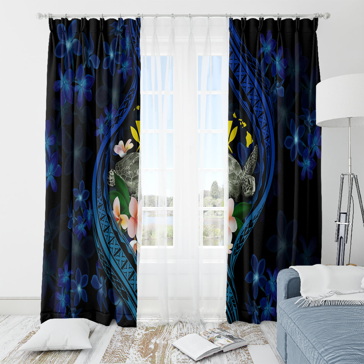 Hawaii Turtle Plumeria Flower Fanciful Window Curtain