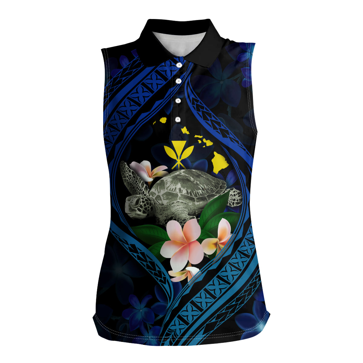Hawaii Turtle Plumeria Flower Fanciful Women Sleeveless Polo Shirt