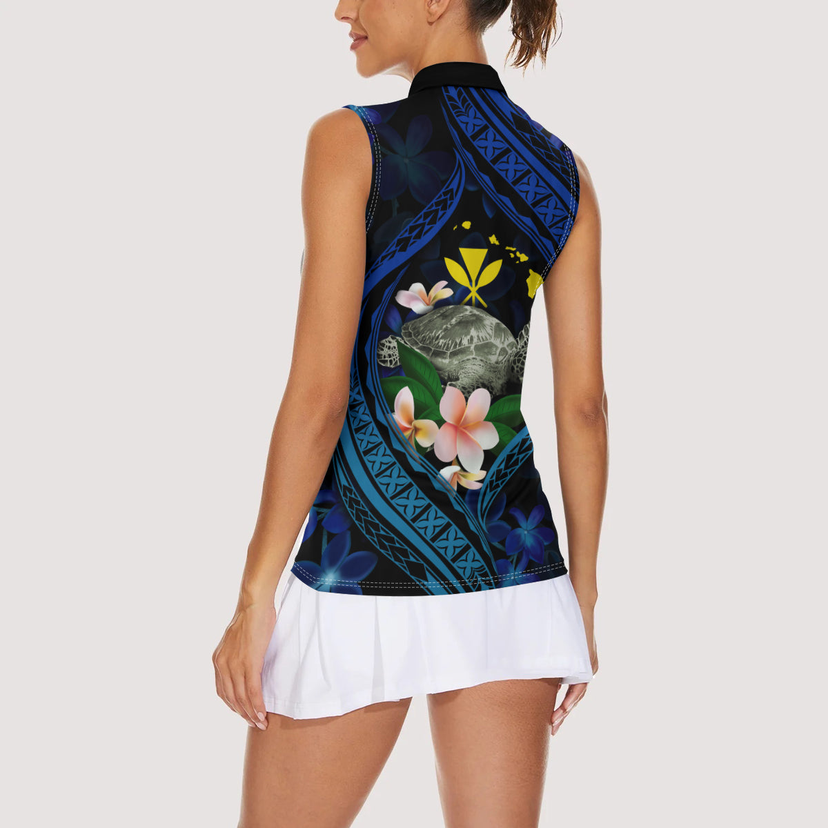 Hawaii Turtle Plumeria Flower Fanciful Women Sleeveless Polo Shirt