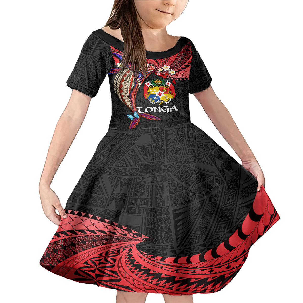 Tonga Emancipation Day Family Matching Mermaid Dress and Hawaiian Shirt Ngatu Humpback Whale Polynesian Flower LT03 Daughter's Dress Black - Polynesian Pride