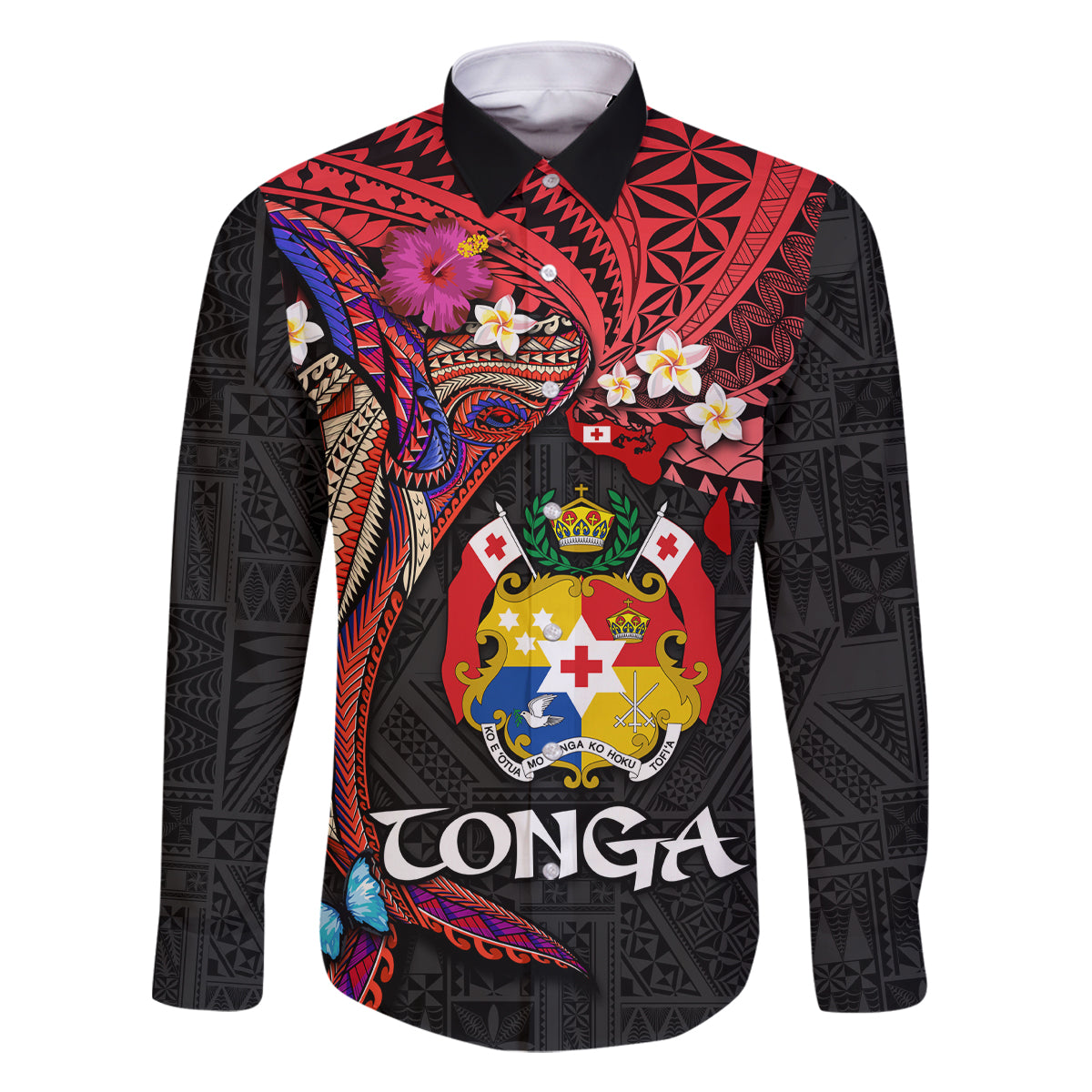 Tonga Emancipation Day Family Matching Mermaid Dress and Hawaiian Shirt Ngatu Humpback Whale Polynesian Flower LT03 Dad's Shirt - Long Sleeve Black - Polynesian Pride
