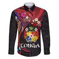 Tonga Emancipation Day Family Matching Mermaid Dress and Hawaiian Shirt Ngatu Humpback Whale Polynesian Flower LT03 Dad's Shirt - Long Sleeve Black - Polynesian Pride