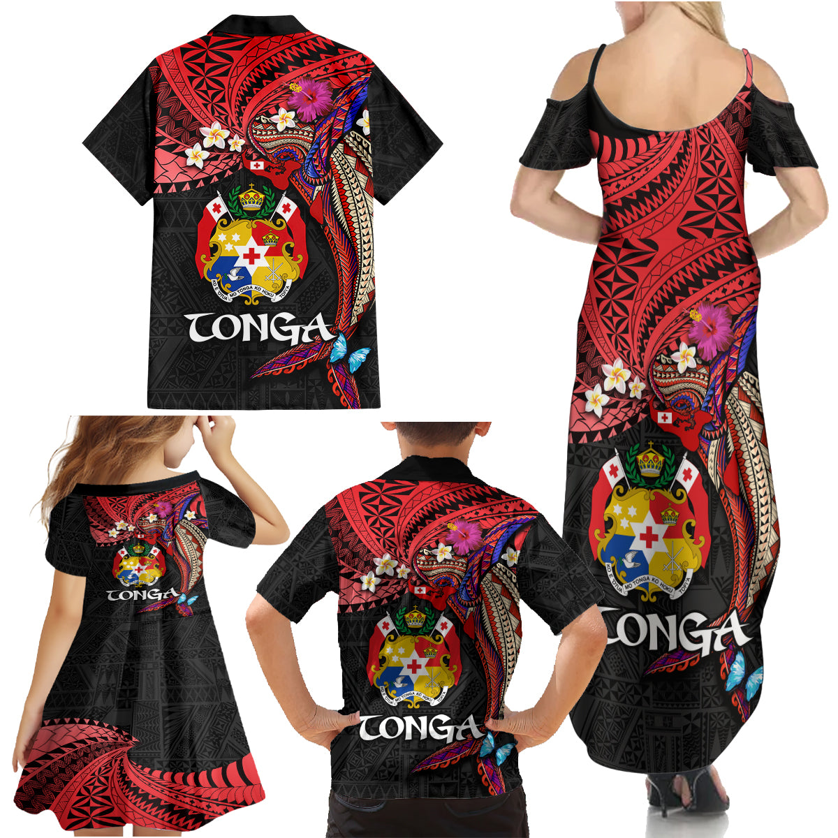 Tonga Emancipation Day Family Matching Summer Maxi Dress and Hawaiian Shirt Ngatu Humpback Whale Polynesian Flower