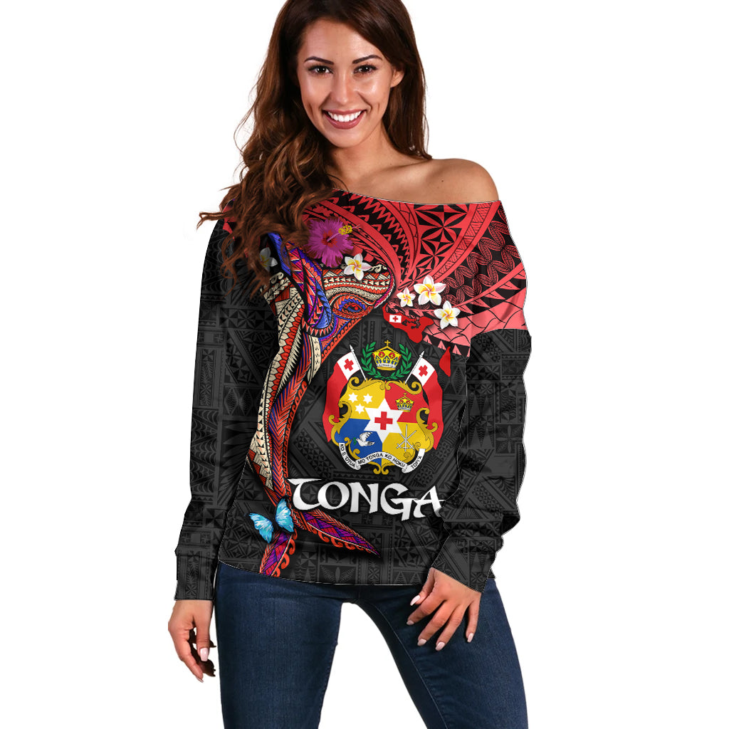 Tonga Emancipation Day Off Shoulder Sweater Ngatu Humpback Whale Polynesian Flower