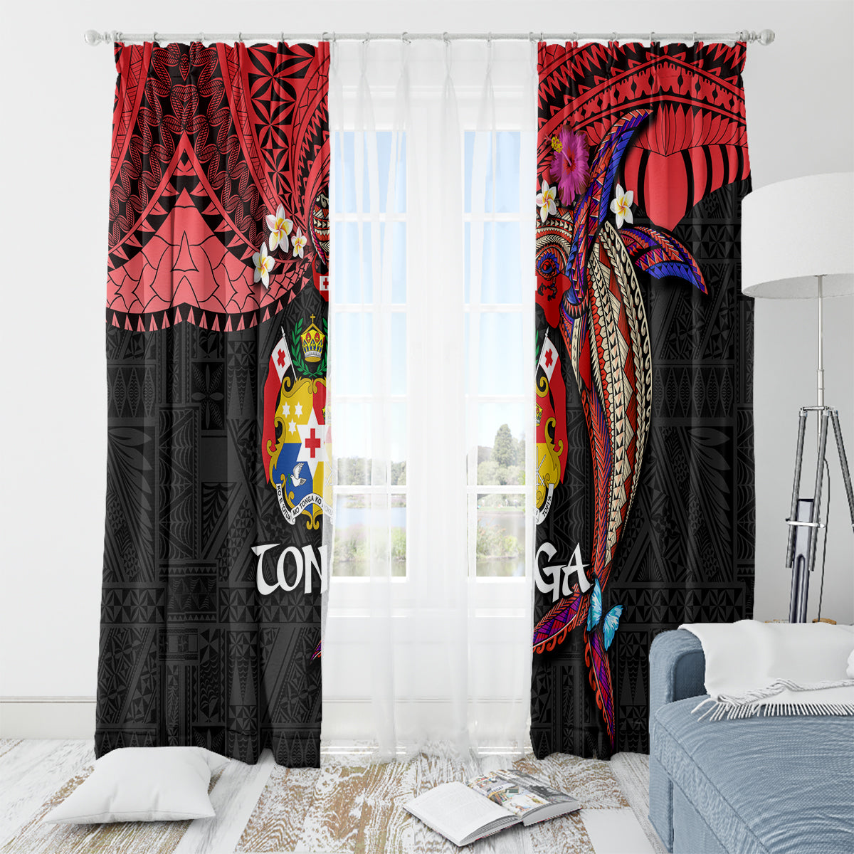 Tonga Emancipation Day Window Curtain Ngatu Humpback Whale Polynesian Flower