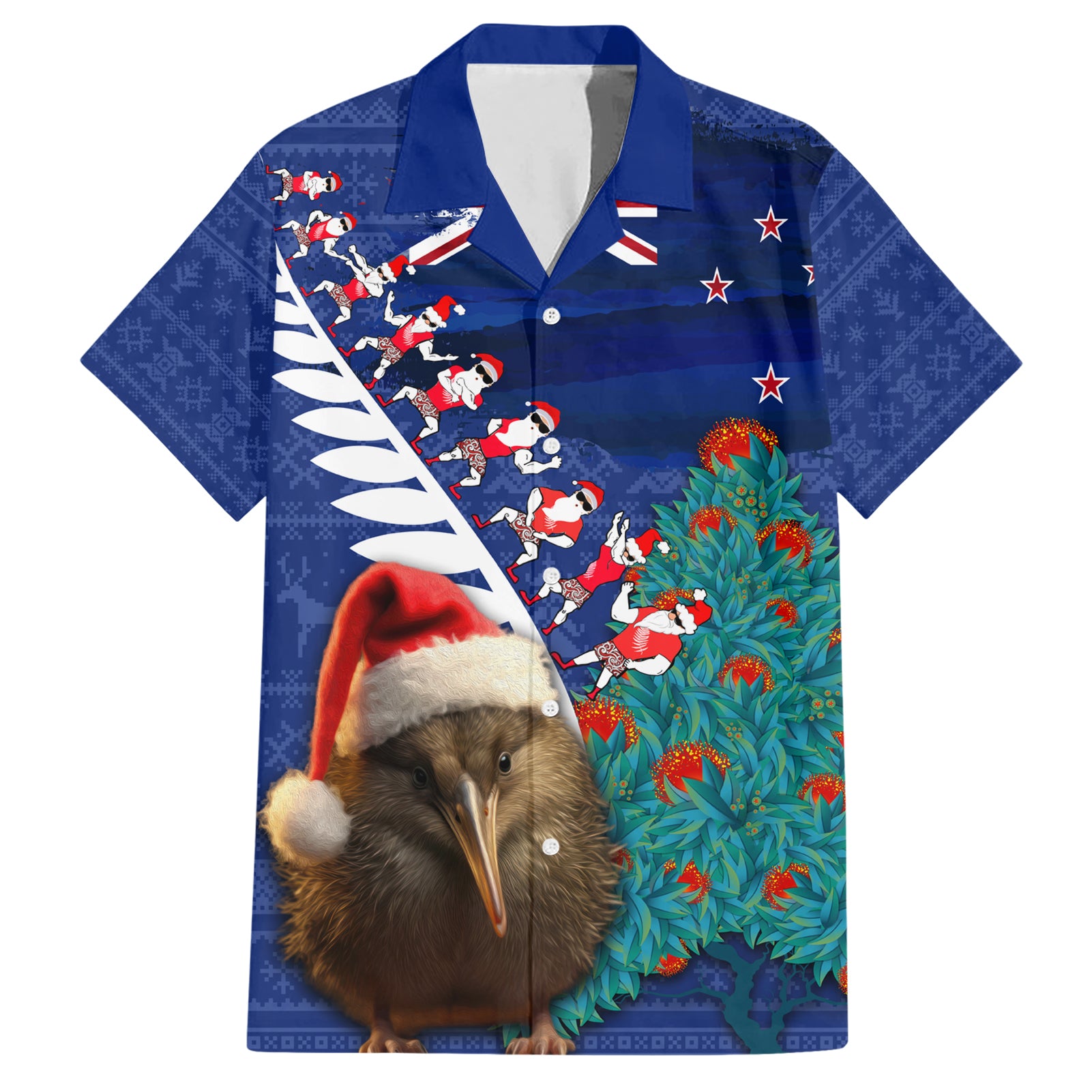 New Zealand Christmas Hawaiian Shirt Kiwi Bird Santa and Silver Fern Funny Haka Dance