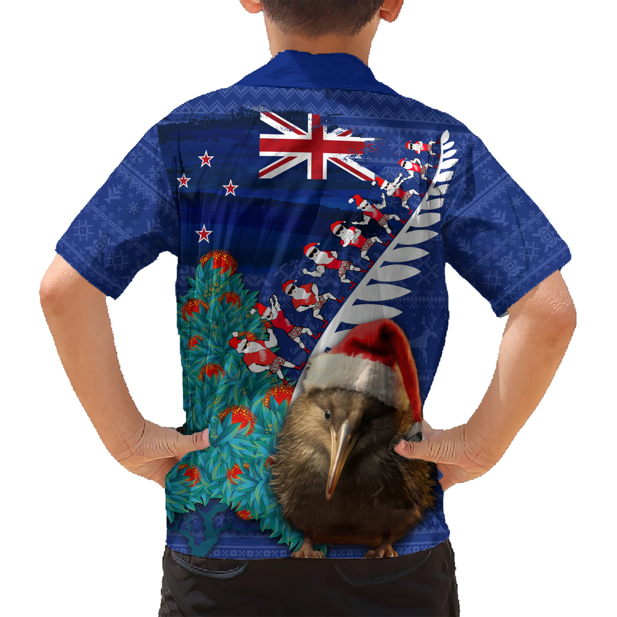 New Zealand Christmas Kid Hawaiian Shirt Kiwi Bird Santa and Silver Fern Funny Haka Dance