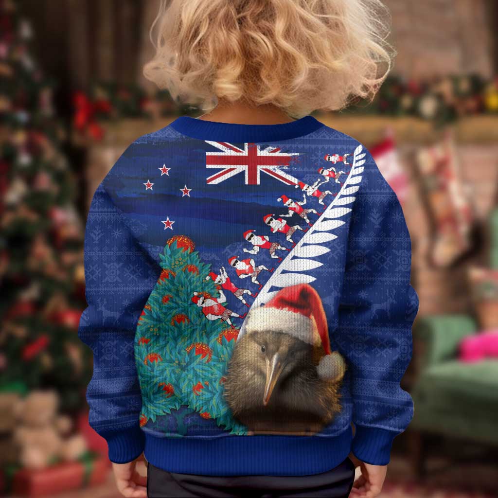 New Zealand Christmas Kid Ugly Christmas Sweater Kiwi Bird Santa and Silver Fern Funny Haka Dance