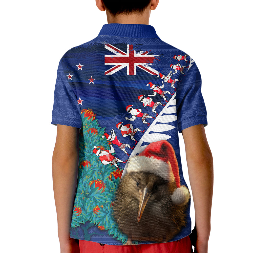 New Zealand Christmas Kid Polo Shirt Kiwi Bird Santa and Silver Fern Funny Haka Dance