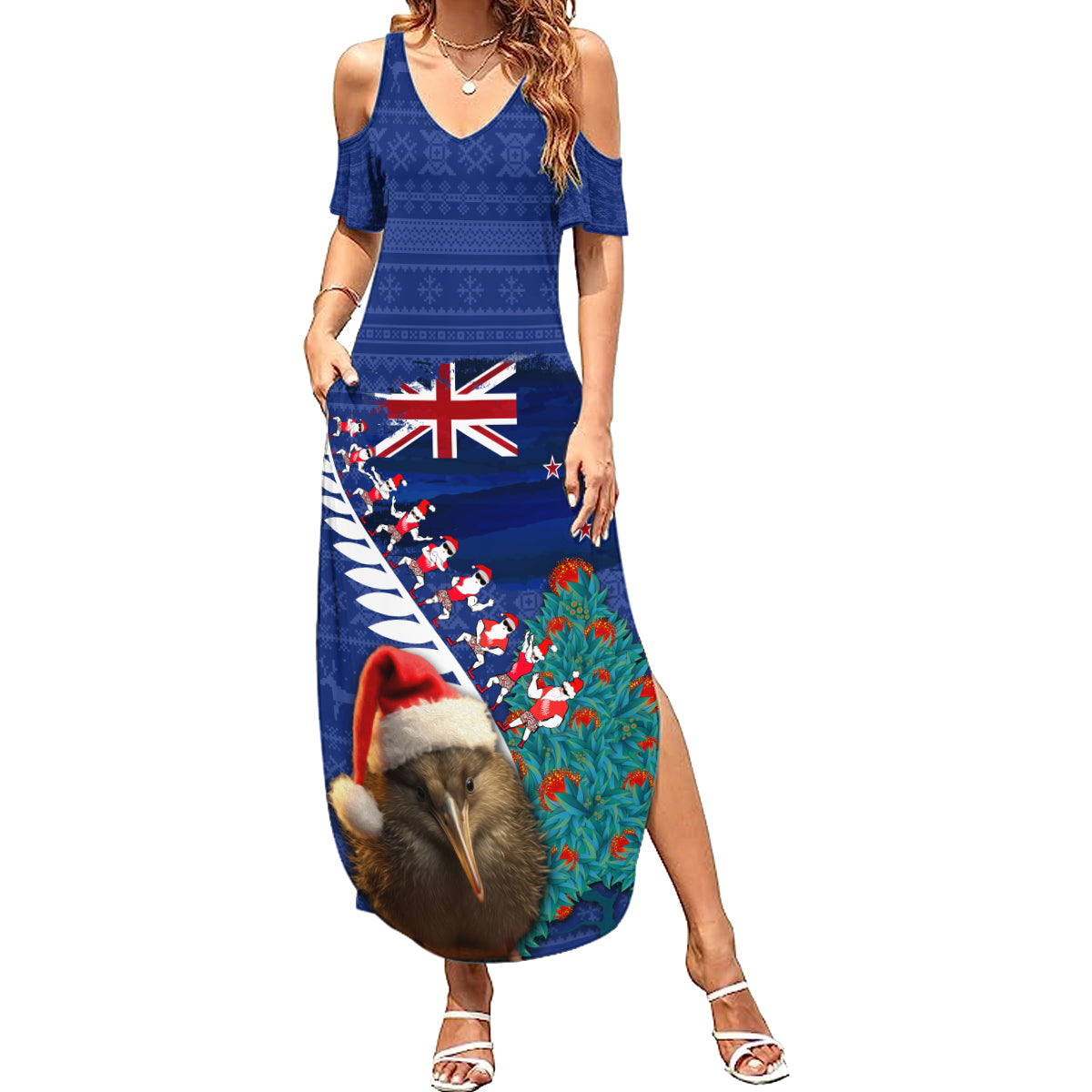 New Zealand Christmas Summer Maxi Dress Kiwi Bird Santa and Silver Fern Funny Haka Dance