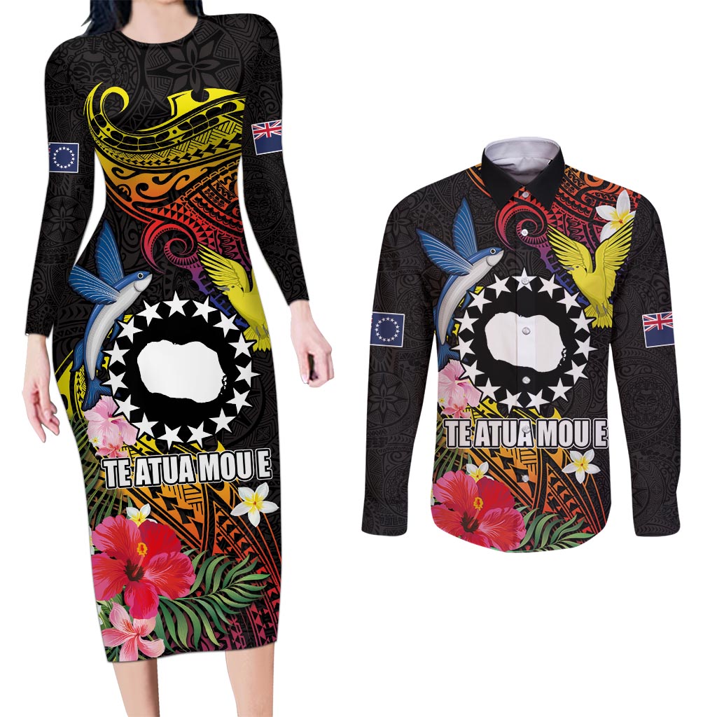 Cook Islands Independence Day Couples Matching Long Sleeve Bodycon Dress and Long Sleeve Button Shirt Maroro and Kakaia with Hibiscus Flower Polynesian Pattern