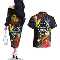 Cook Islands Independence Day Couples Matching Off The Shoulder Long Sleeve Dress and Hawaiian Shirt Maroro and Kakaia with Hibiscus Flower Polynesian Pattern