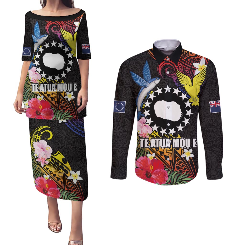Cook Islands Independence Day Couples Matching Puletasi and Long Sleeve Button Shirt Maroro and Kakaia with Hibiscus Flower Polynesian Pattern