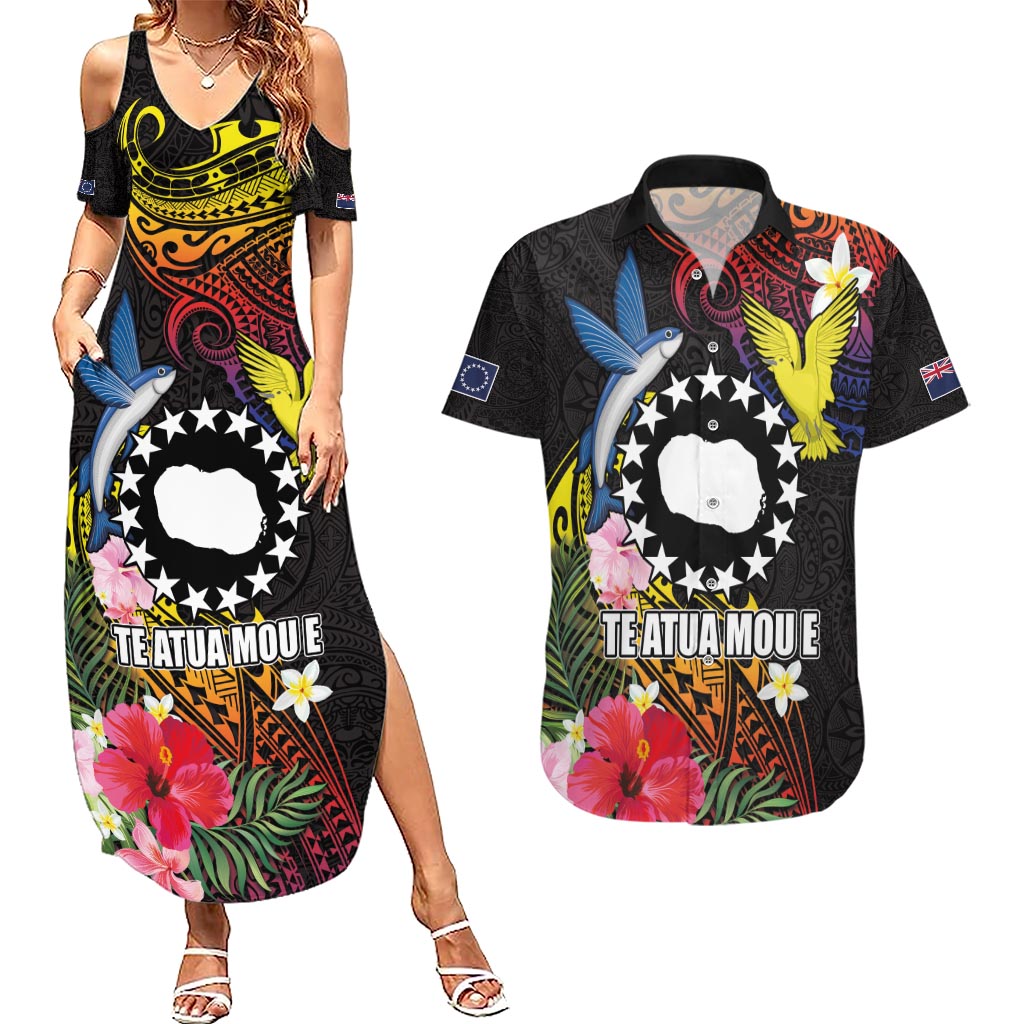 Cook Islands Independence Day Couples Matching Summer Maxi Dress and Hawaiian Shirt Maroro and Kakaia with Hibiscus Flower Polynesian Pattern