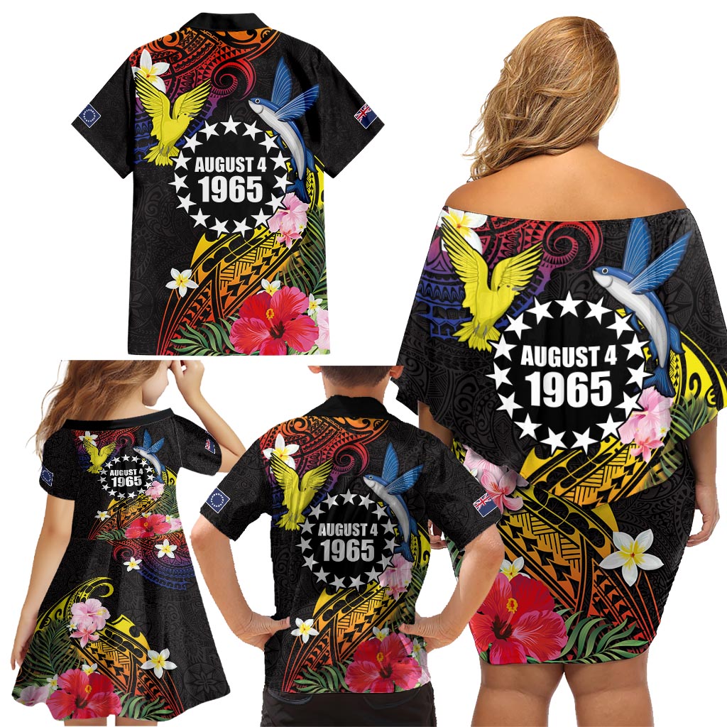 Cook Islands Independence Day Family Matching Off Shoulder Short Dress and Hawaiian Shirt Maroro and Kakaia with Hibiscus Flower Polynesian Pattern