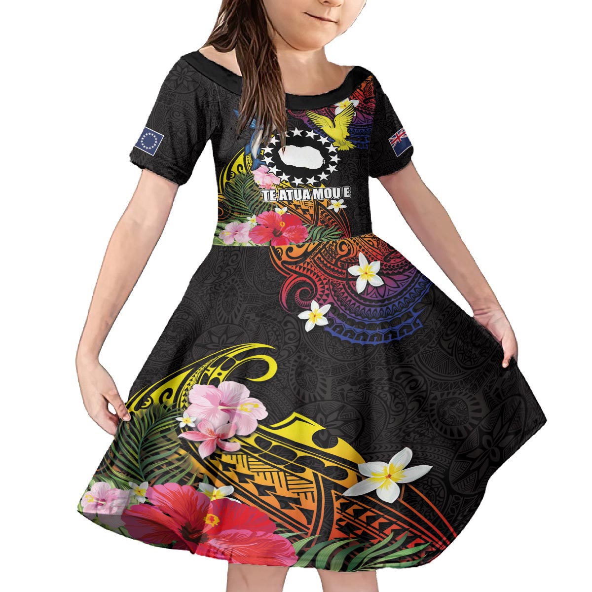 Cook Islands Independence Day Family Matching Puletasi and Hawaiian Shirt Maroro and Kakaia with Hibiscus Flower Polynesian Pattern LT03 Daughter's Dress Black - Polynesian Pride